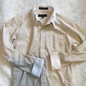 VTG Y2K style Kani Gold Button down Dress shirt, cream and white striped Size Sm